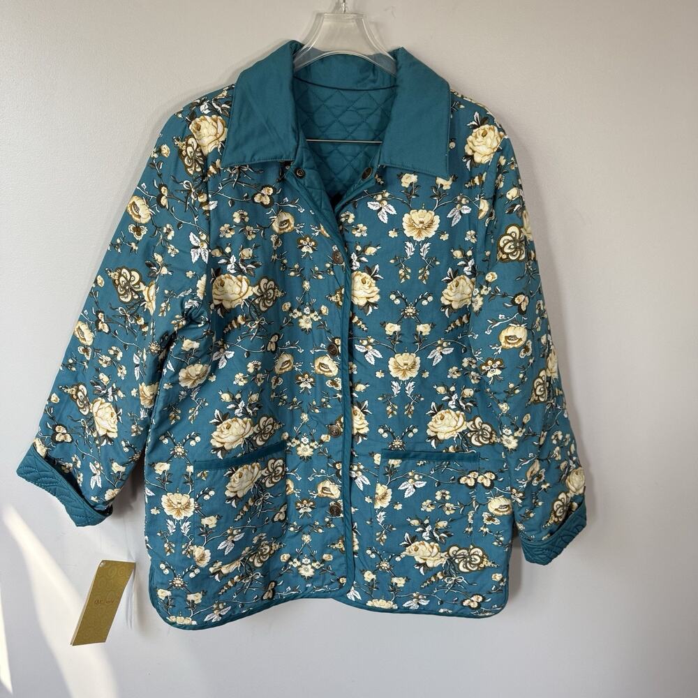 Denim & Co. Reversible Quilted Barn Jacket Sz L Blue Cotton Floral Cottage New